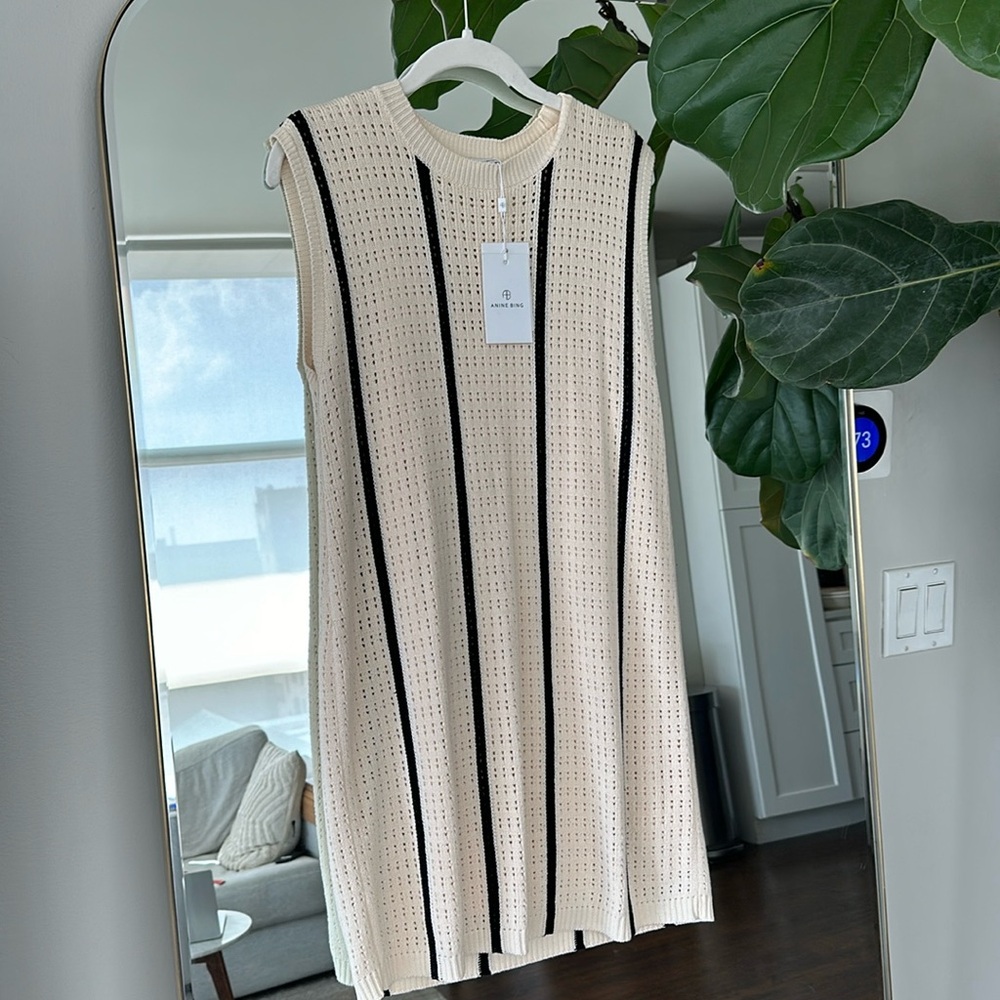 Anine Bing Lanie Dress ivory with black stripes crochet dress, size M